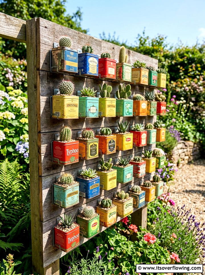 Tea tin wall garden - 25 upcycled garden ideas with vertical gardens