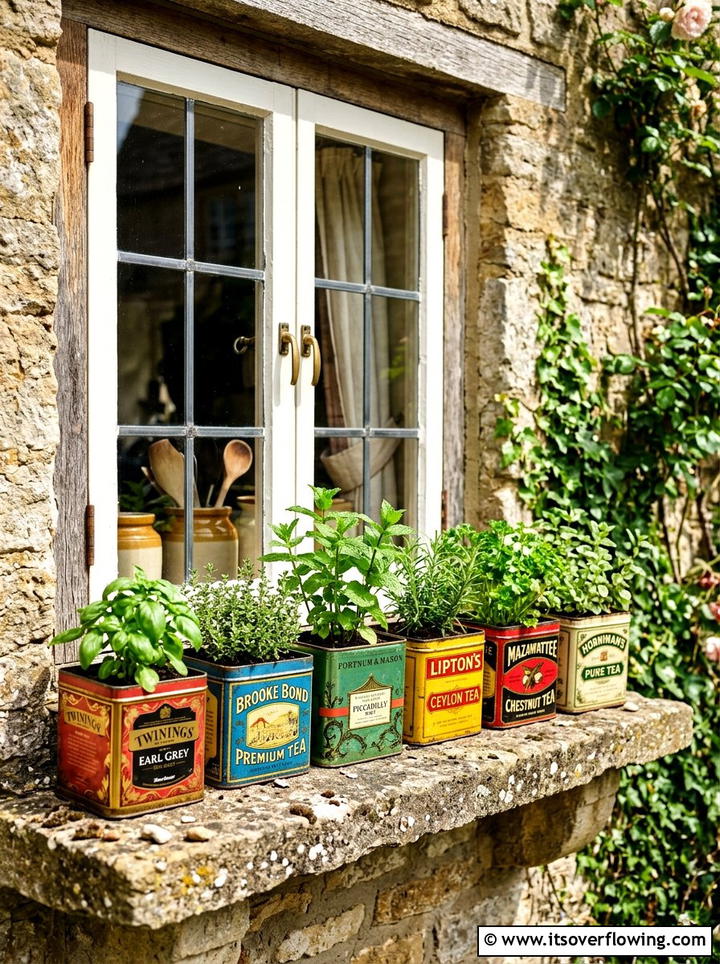 Tea tin windowsill garden - 25 upcycled garden ideas for narrow spaces