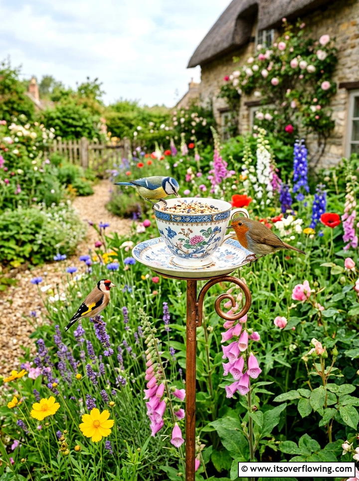 Teacup Bird Feeder - 25 recycled garden ideas with chipped dishes