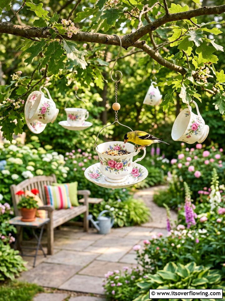 Teacup Bird Feeder - 25 upcycled garden ideas for patios