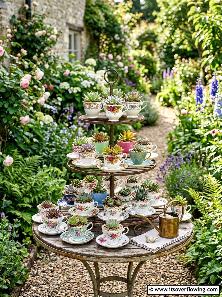 Teacup Succulent Display - 25 upcycled garden ideas with succulent planters