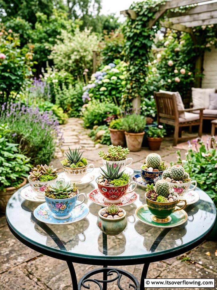 Teacup Succulent Garden Arrangement - 25 upcycled garden ideas for small gardens