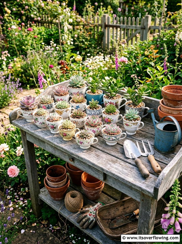 Teacup Succulent Planter - 25 recycled garden ideas with old kitchenware