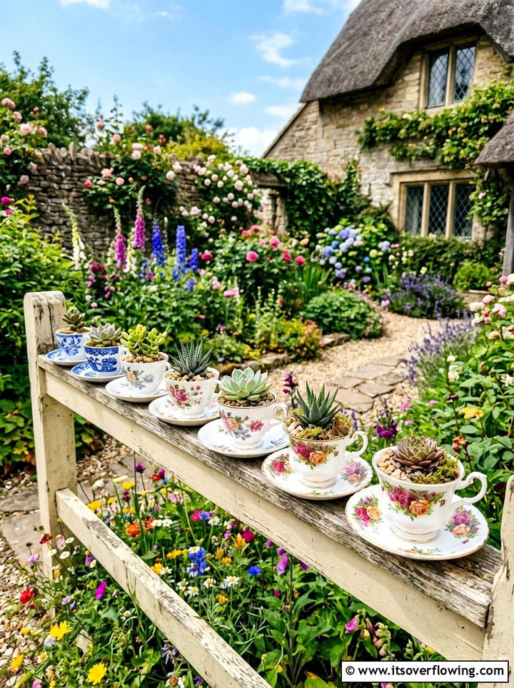 Teacup Succulent Planter - 25 reusing old things ideas for fence decor