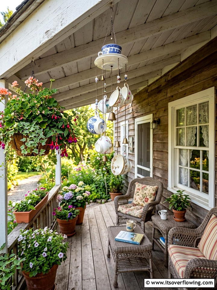 Teacup Wind Chime - 25 recycled garden ideas with chipped dishes