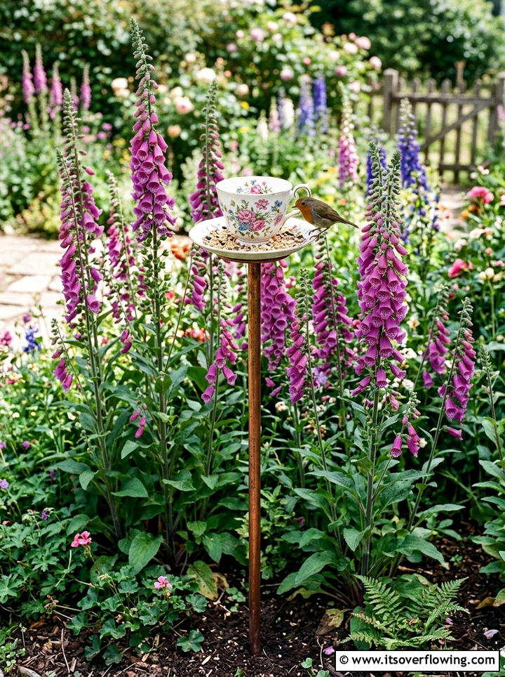 Teacup and Saucer Bird Feeder - 25 upcycled garden ideas with cottage style