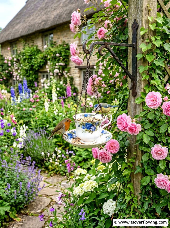 Teacup bird feeder - 25 garden decor ideas with feeders