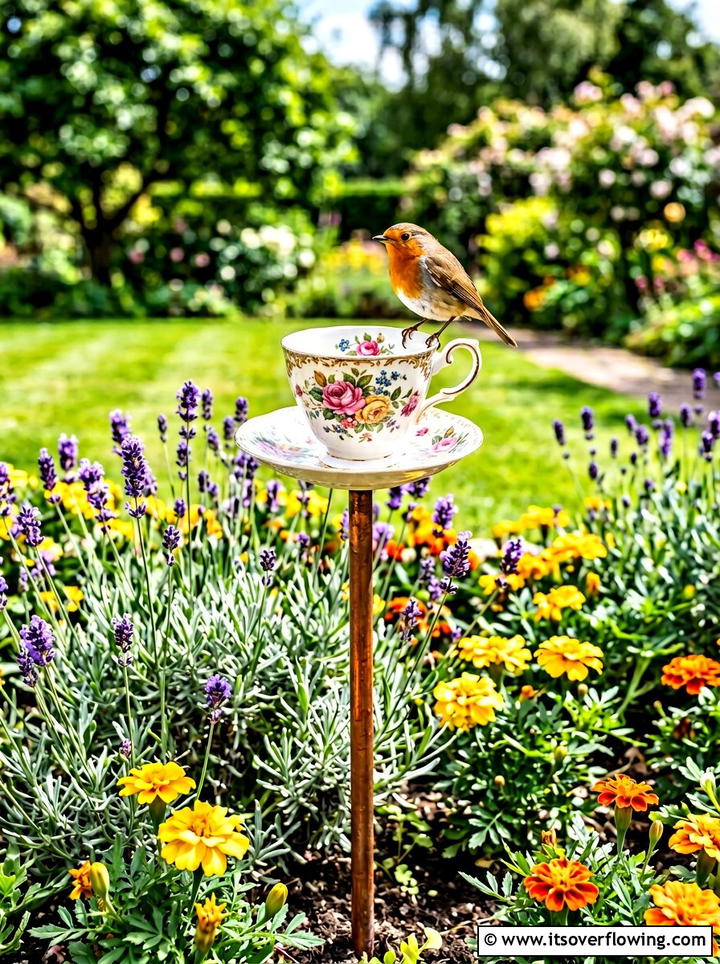Teacup bird feeder - 25 cheap garden ideas with thrifted decor