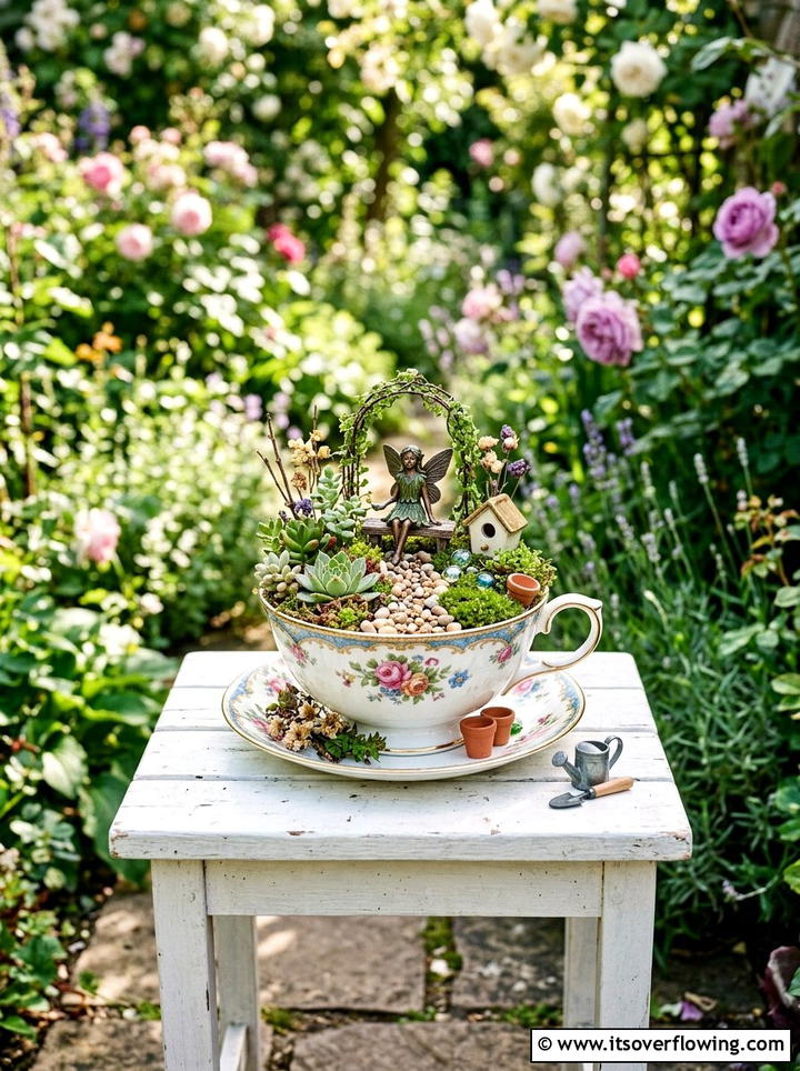 Teacup fairy garden - 25 upcycled garden ideas with kids projects