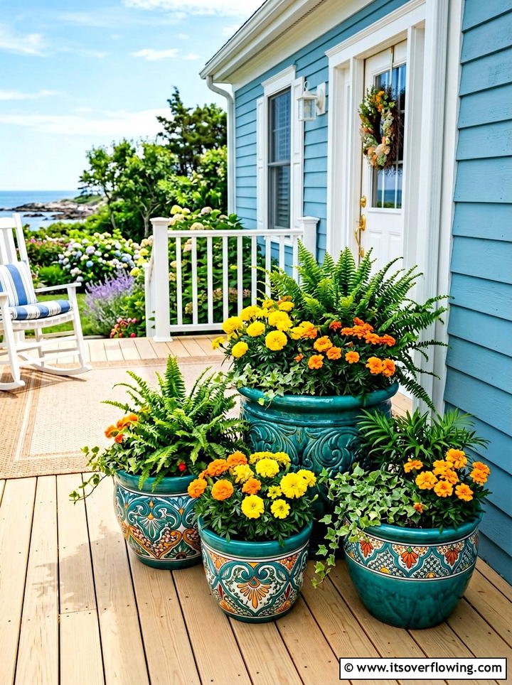 Teal Ceramic Planters - 25 front porch ideas with ceramic pots