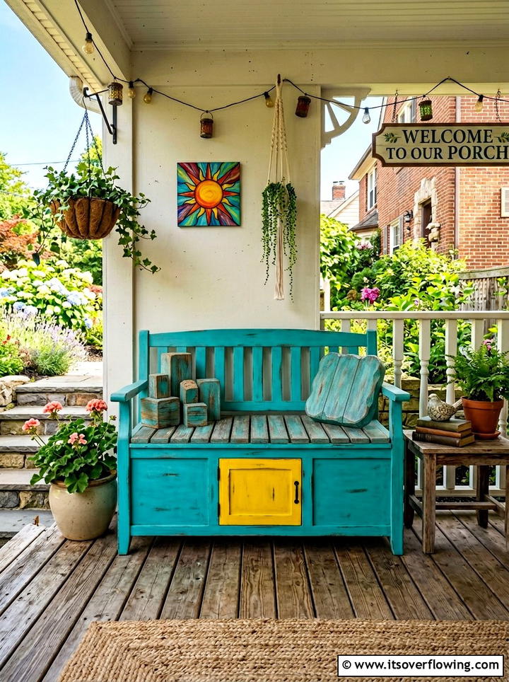 Teal Painted Storage Bench - 25 front porch ideas with storage bench