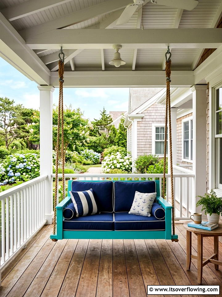 Teal Porch Swing - 25 front porch decor ideas with coastal blue palette