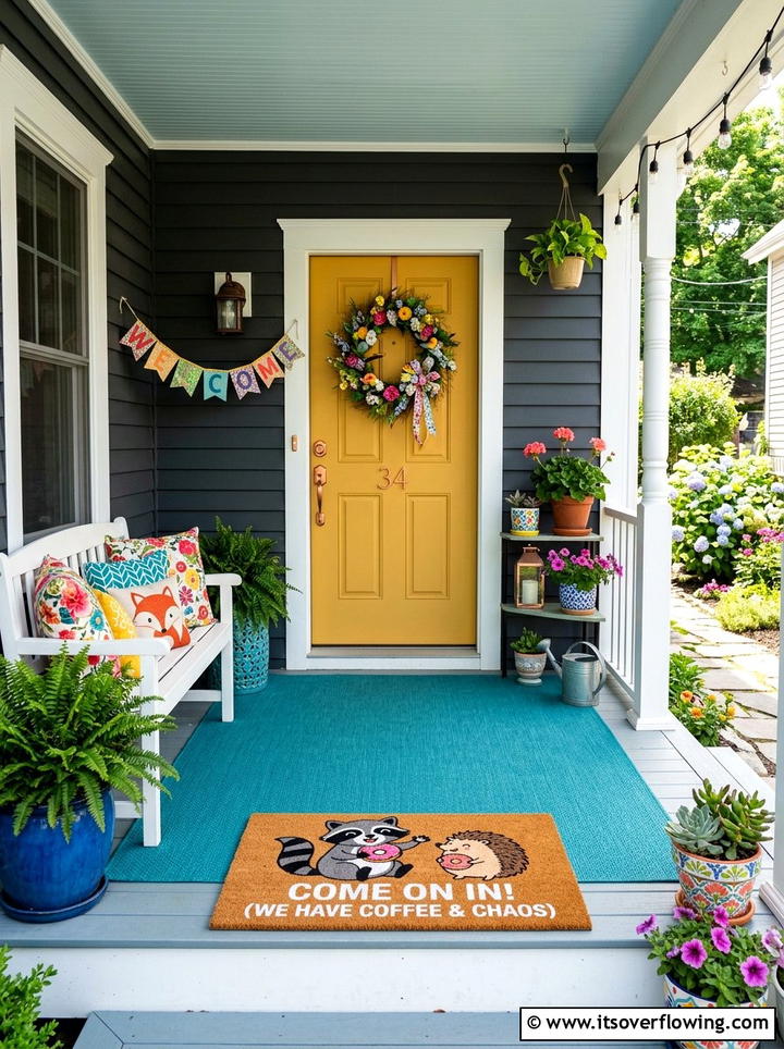 Teal outdoor rug with whimsical doormat - 25 front porch decor ideas with layered mats