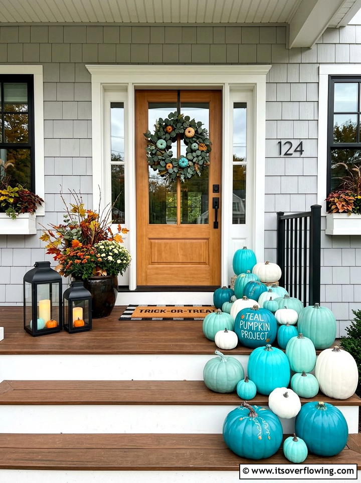 Teal pumpkin porch - 25 front porch decor ideas with fake pumpkins