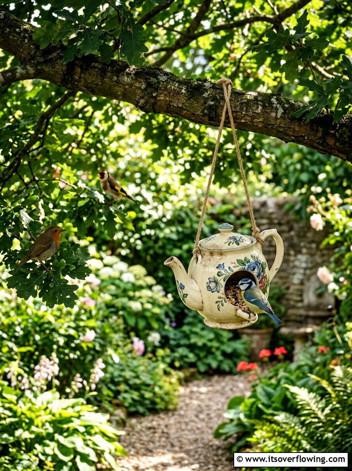 Teapot Bird Feeder - 25 upcycled garden ideas with old teapots