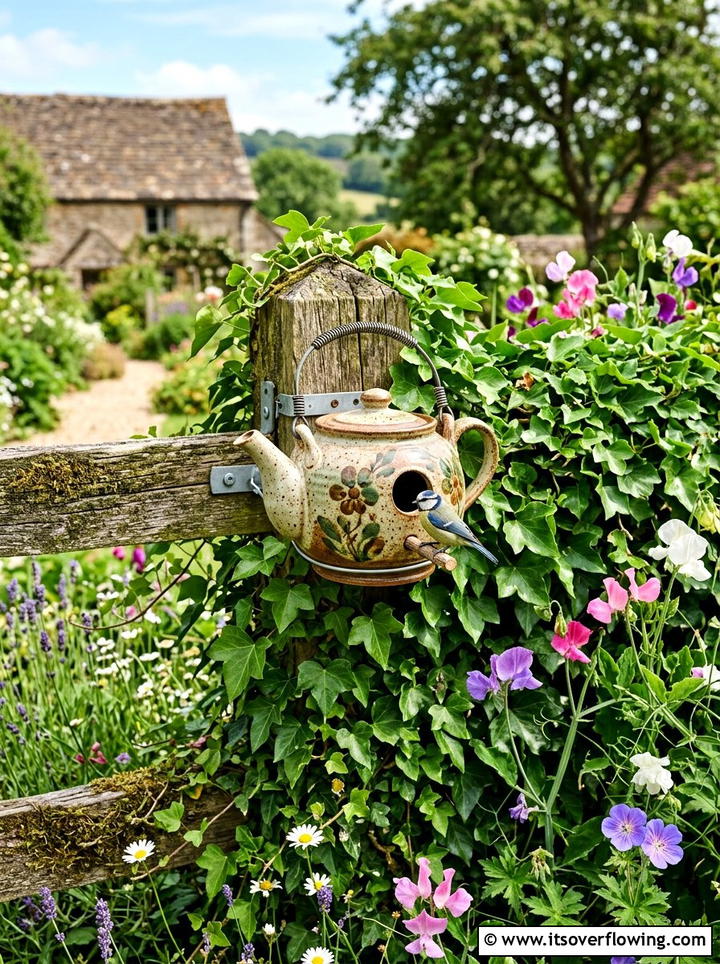 Teapot Birdhouse - 25 upcycled garden ideas with old teapots