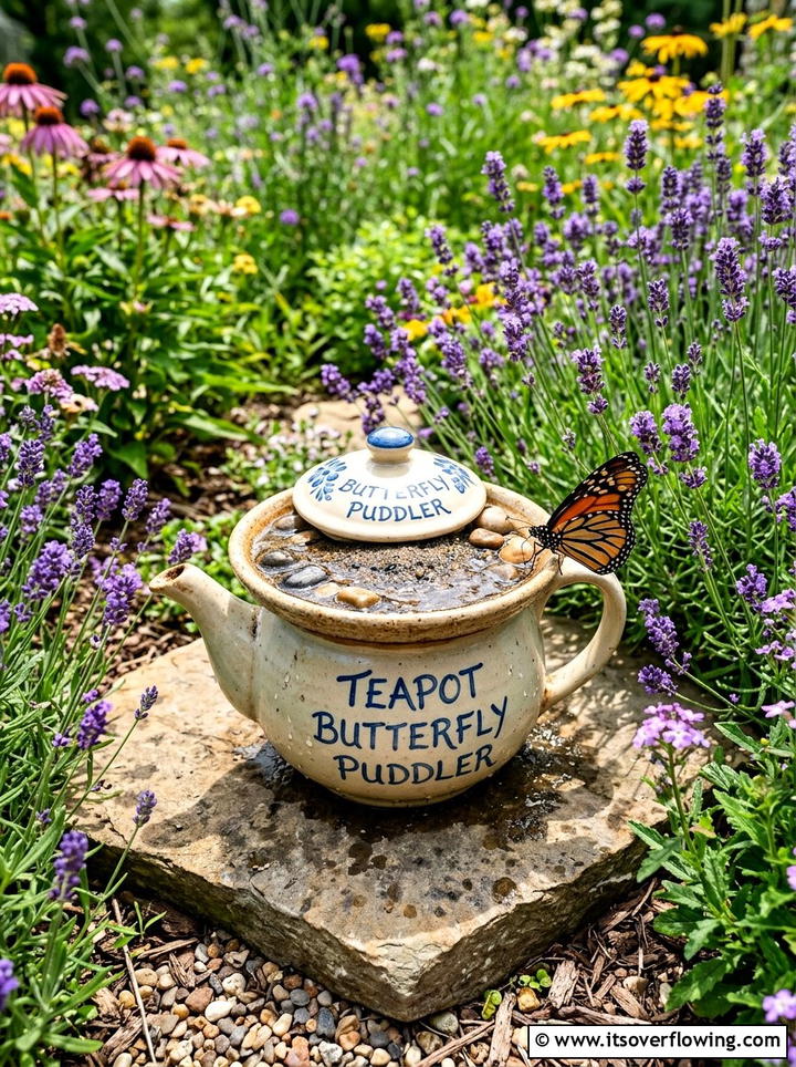 Teapot Butterfly Puddler - 25 upcycled garden ideas with old teapots
