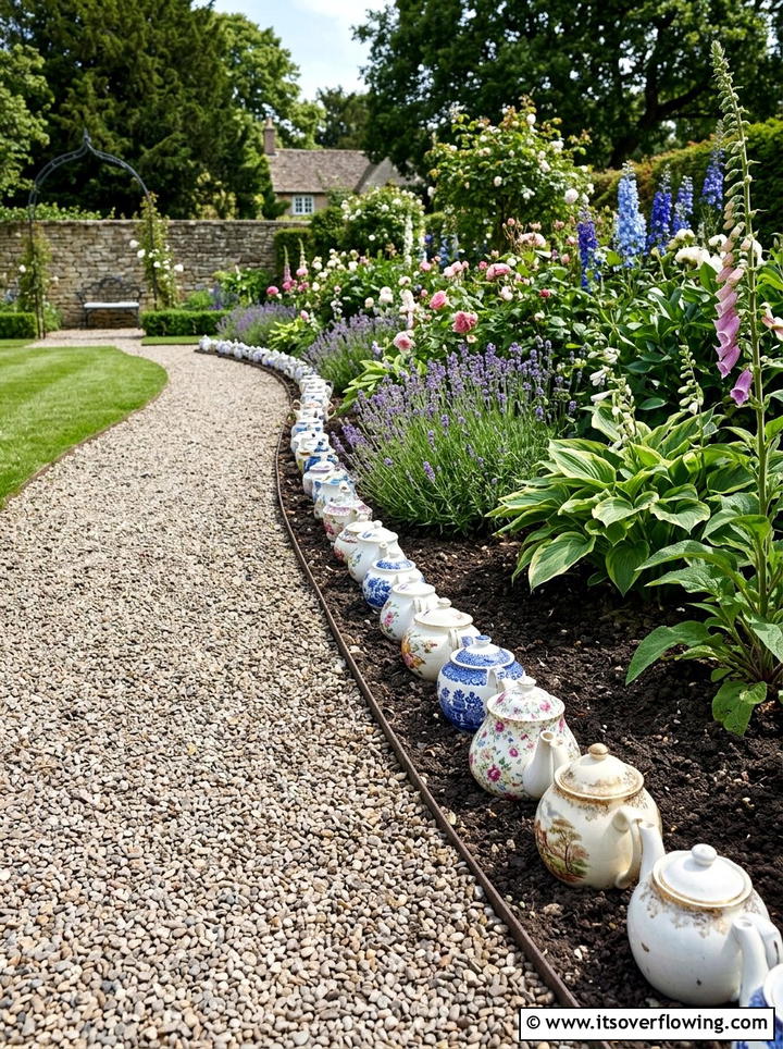 Teapot Edge Border - 25 upcycled garden ideas with old teapots
