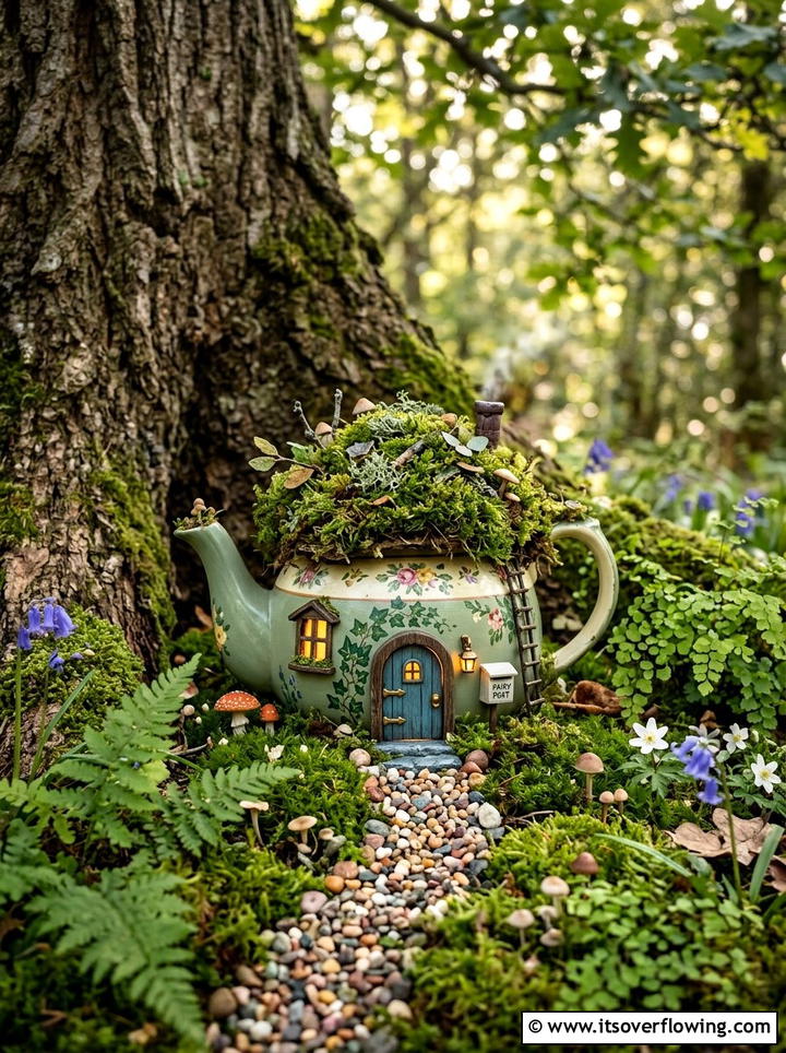 Teapot Fairy House - 25 upcycled garden ideas with old teapots