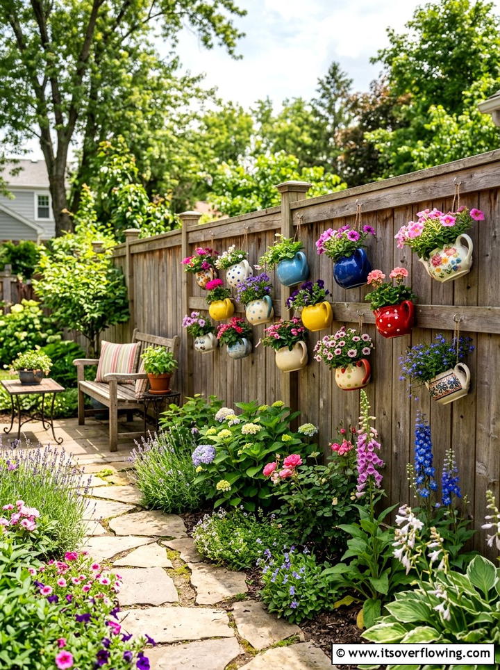 Teapot Fence Planter - 25 upcycled garden ideas with old teapots
