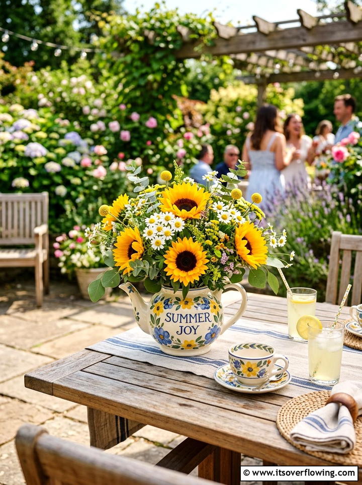 Teapot Floral Arrangement - 25 upcycled garden ideas with old teapots