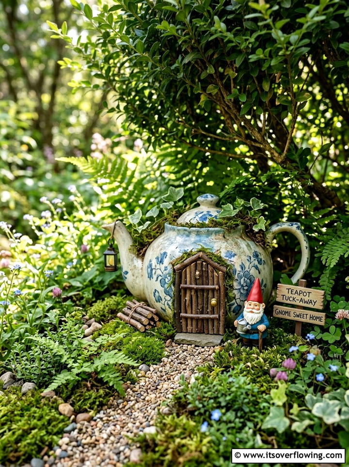 Teapot Gnome Home - 25 upcycled garden ideas with old teapots
