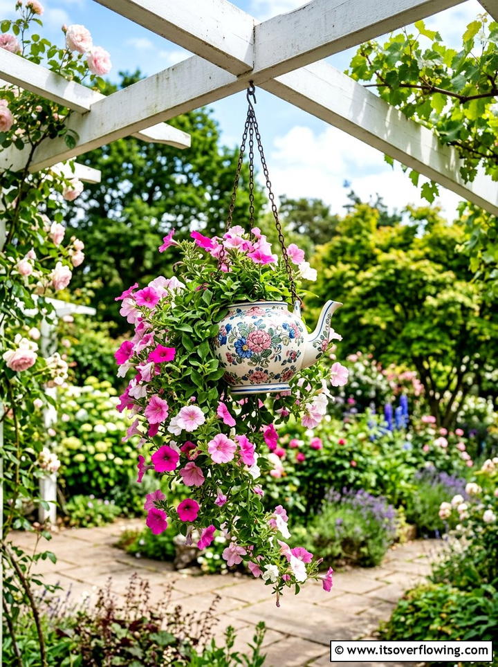Teapot Hanging Basket - 25 upcycled garden ideas with old teapots