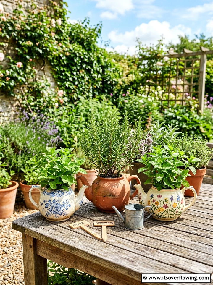 Teapot Herb Garden - 25 upcycled garden ideas with old teapots