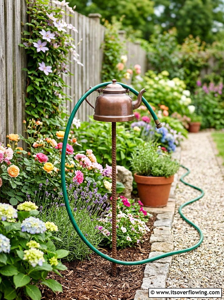 Teapot Hose Guide - 25 upcycled garden ideas with old teapots