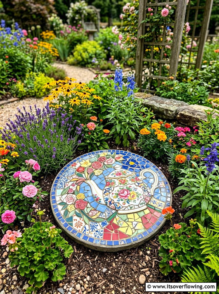 Teapot Mosaic Art - 25 upcycled garden ideas with old teapots