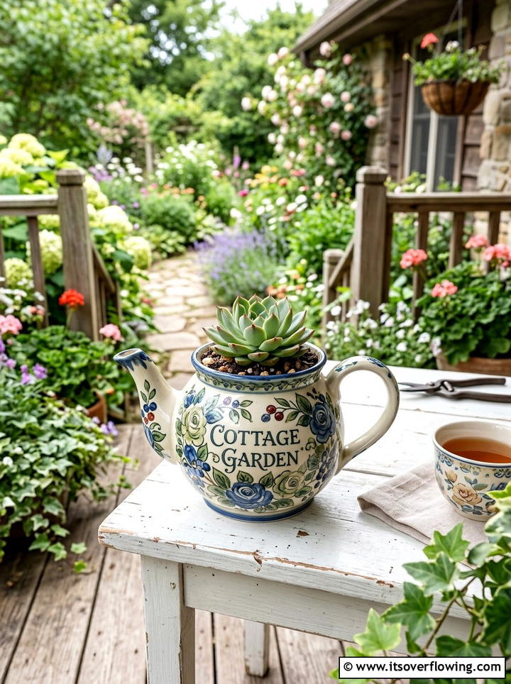 Teapot Plant Holder - 25 reusing old things ideas for front yard