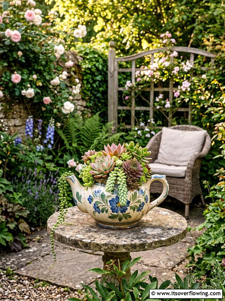 Teapot Planter - 25 recycled garden ideas with pallet wall garden