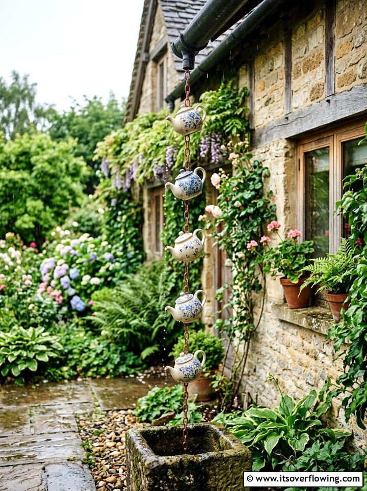 Teapot Rain Chain - 25 upcycled garden ideas with old teapots