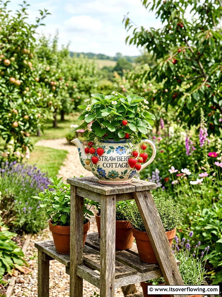 Teapot Strawberry Planter - 25 upcycled garden ideas with old teapots