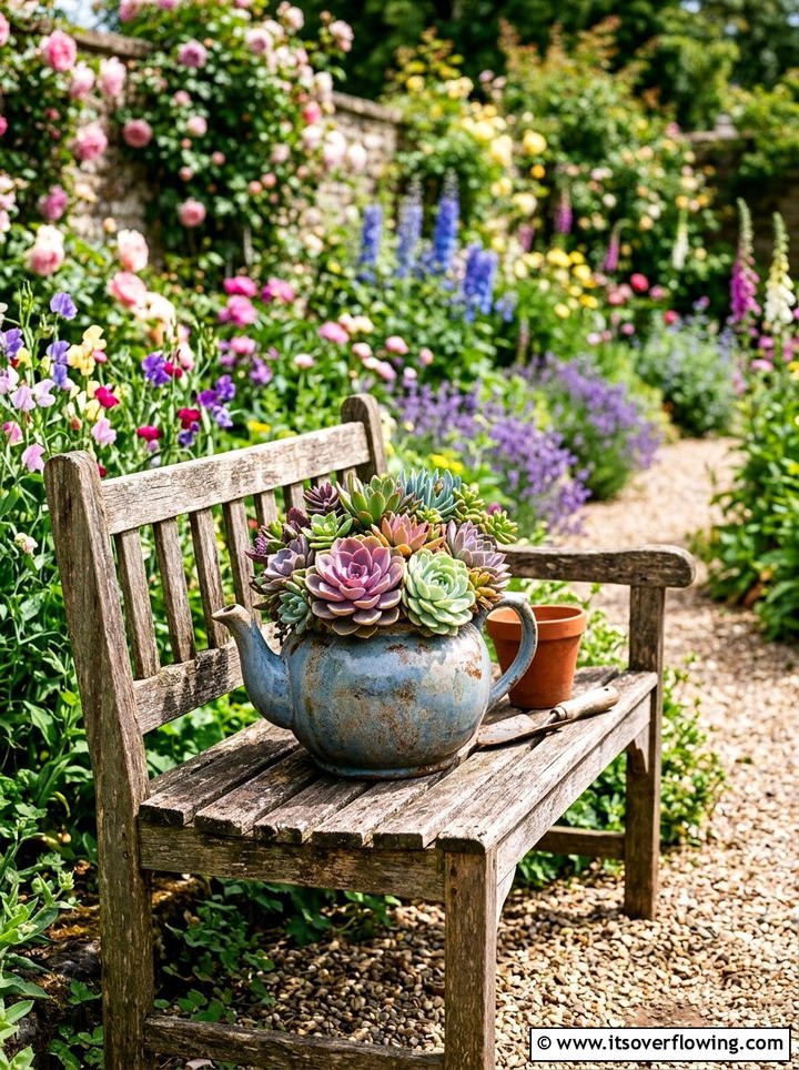 Teapot Succulent Planter - 25 upcycled garden ideas with old teapots