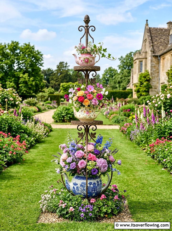 Teapot Tiered Stand - 25 upcycled garden ideas with old teapots