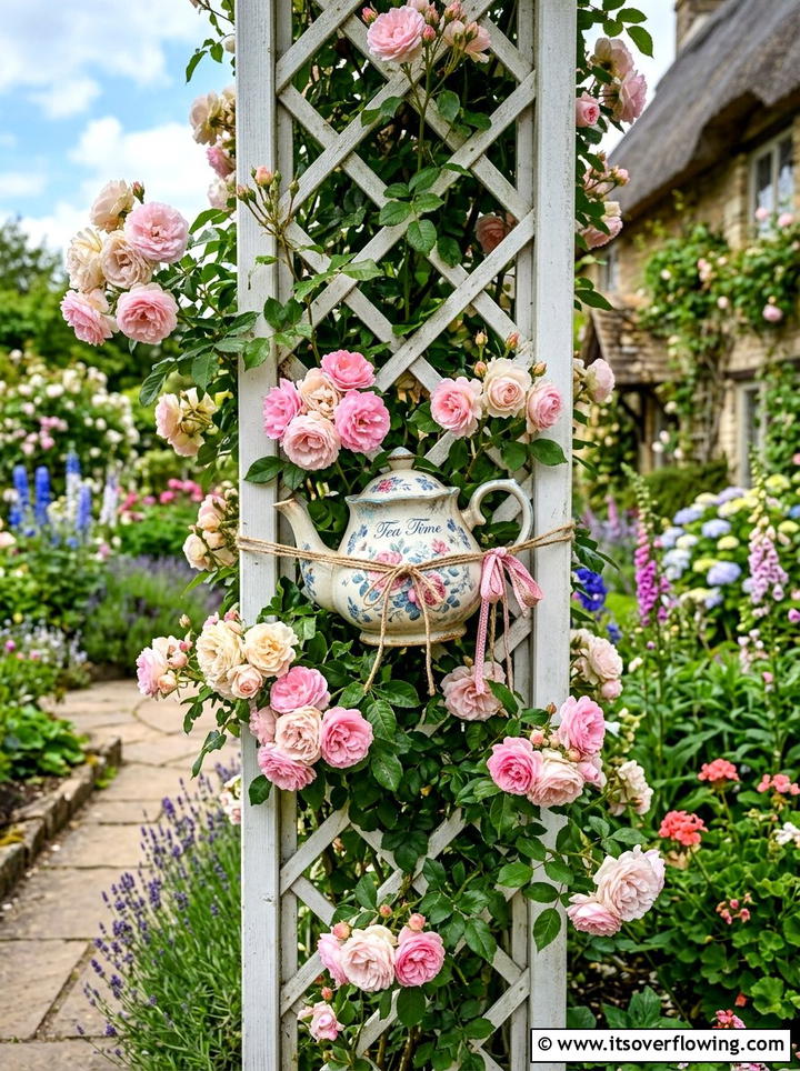 Teapot Trellis Ornament - 25 upcycled garden ideas with old teapots