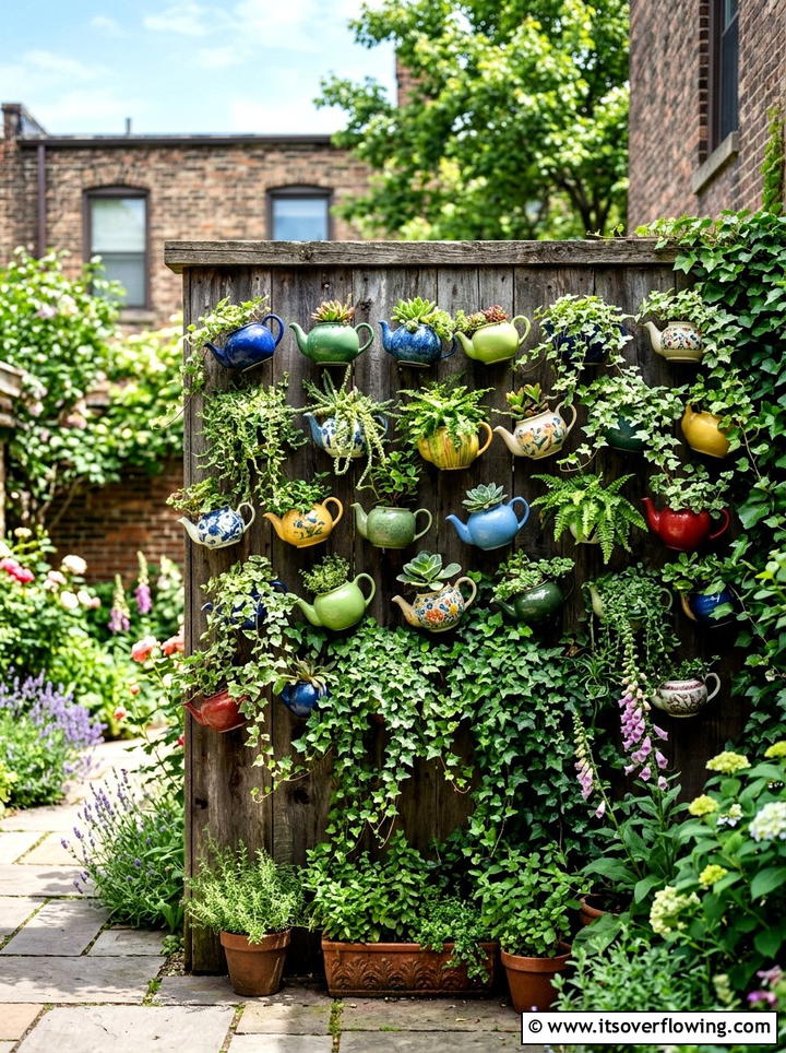 Teapot Vertical Garden - 25 upcycled garden ideas with old teapots