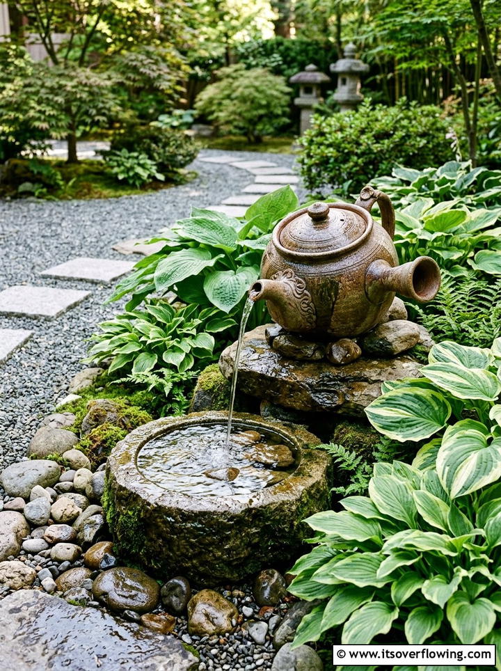 Teapot Water Fountain - 25 upcycled garden ideas with old teapots