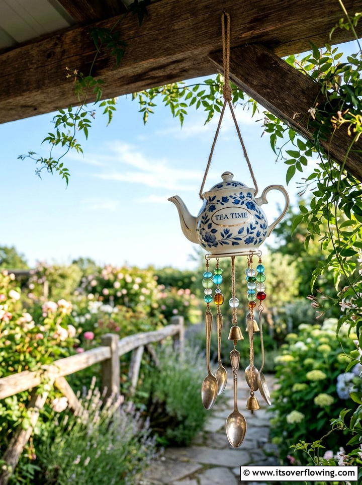 Teapot Wind Chime - 25 upcycled garden ideas with old teapots