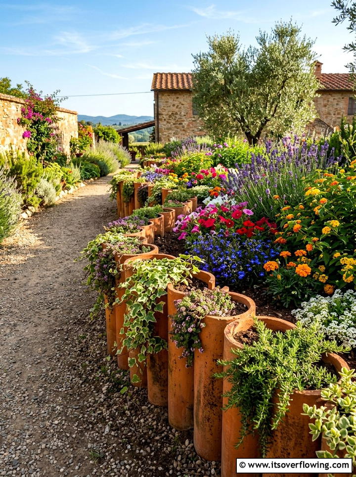 Terra Cotta Pipe Garden Edge - 25 upcycled garden ideas with garden edging