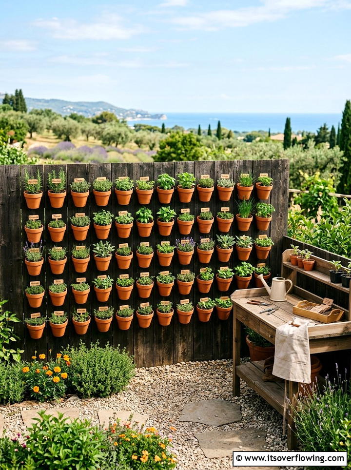 Terra Cotta Pot Grid - 25 garden decor ideas with fence decorations