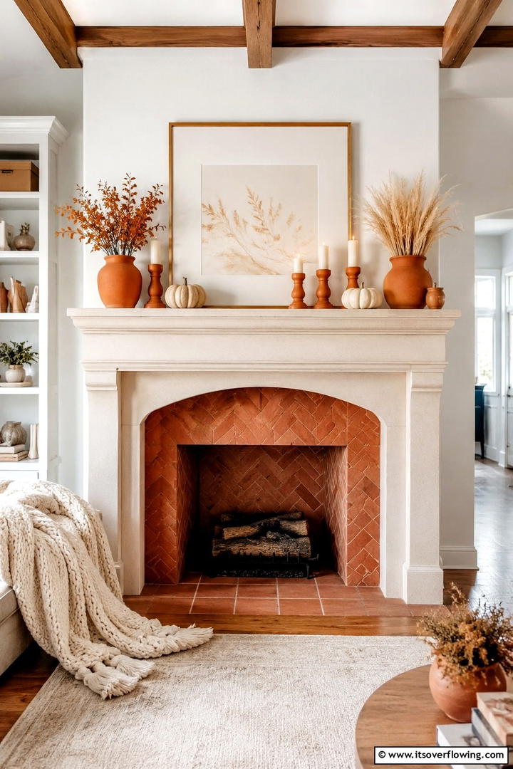 Terra Cotta and Cream Mantel - 50 Fall Mantel Decor Ideas for Cozy Spaces This Season