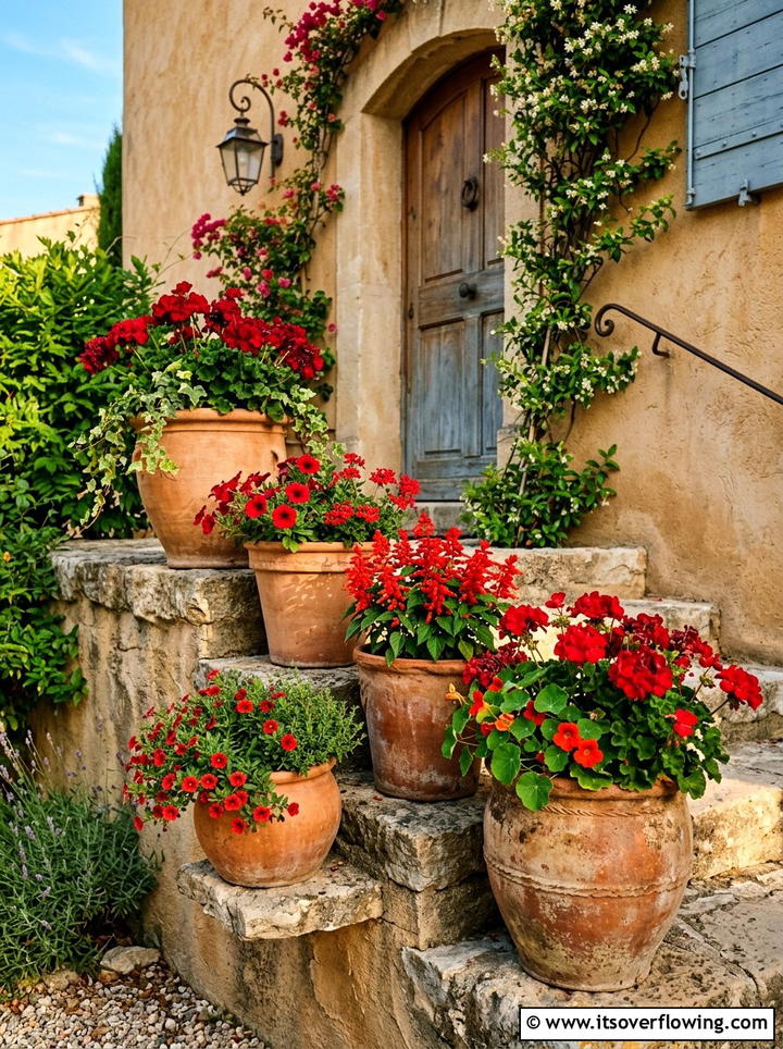 Terra cotta pot display - 25 cheap garden ideas for front yard