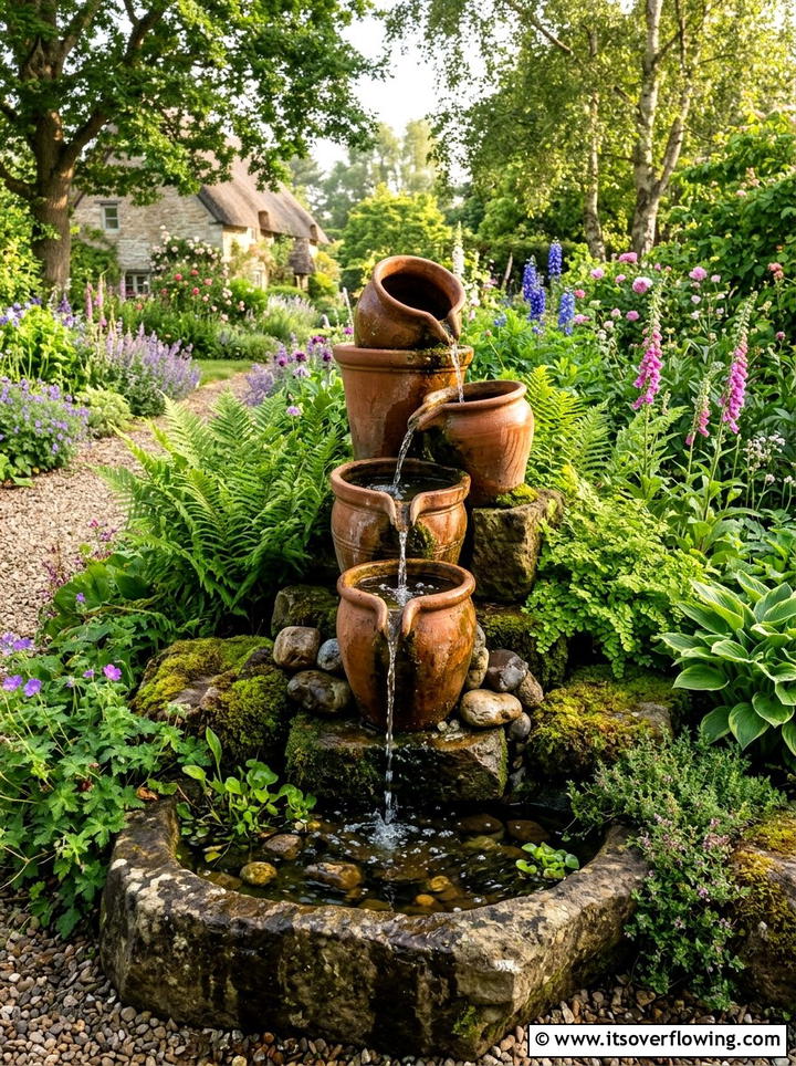 Terra cotta pot water feature - 25 recycled garden ideas with rainwater collection