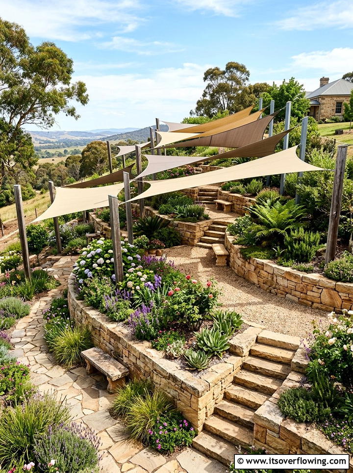 Terraced Garden Shade Sail - 25 backyard ideas with shade sail