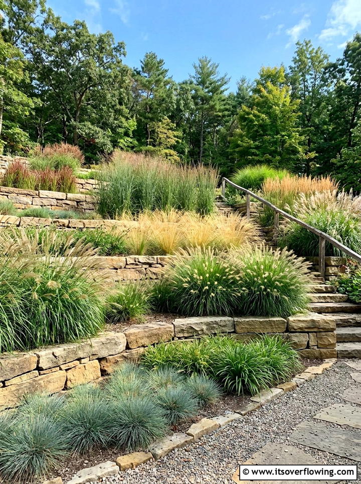 Terraced garden with ornamental grass - 25 garden ideas with ornamental grasses