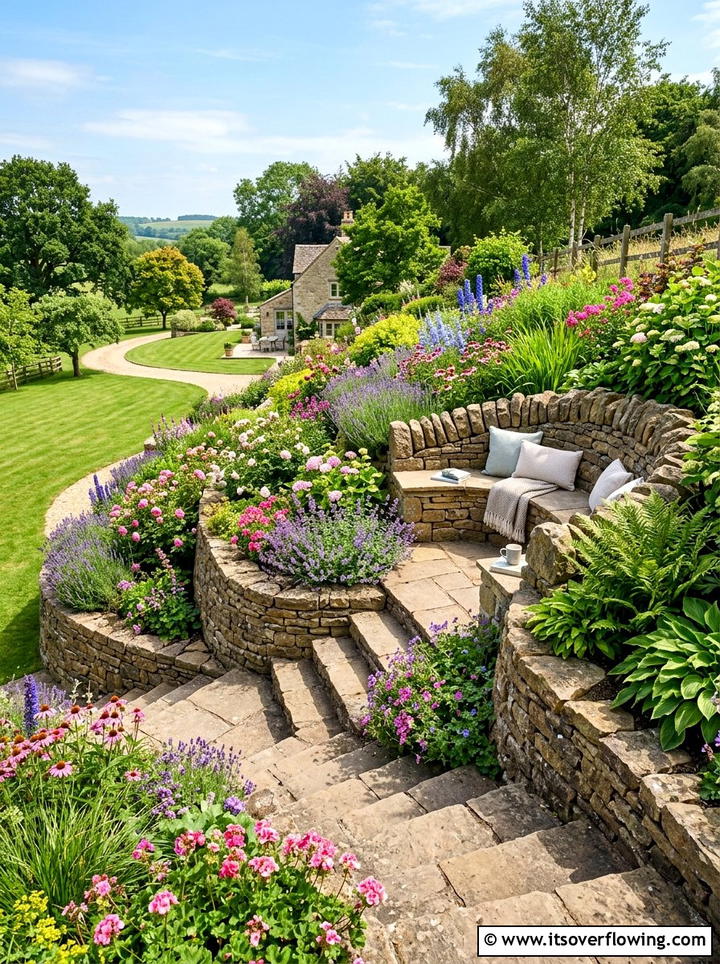 Terraced stone garden seat - 25 backyard ideas with stone seating