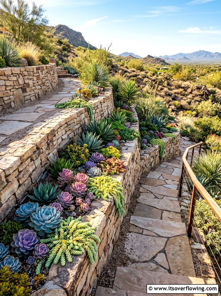 Terraced stone walkway with succulents - 25 creative garden ideas with secret pathways