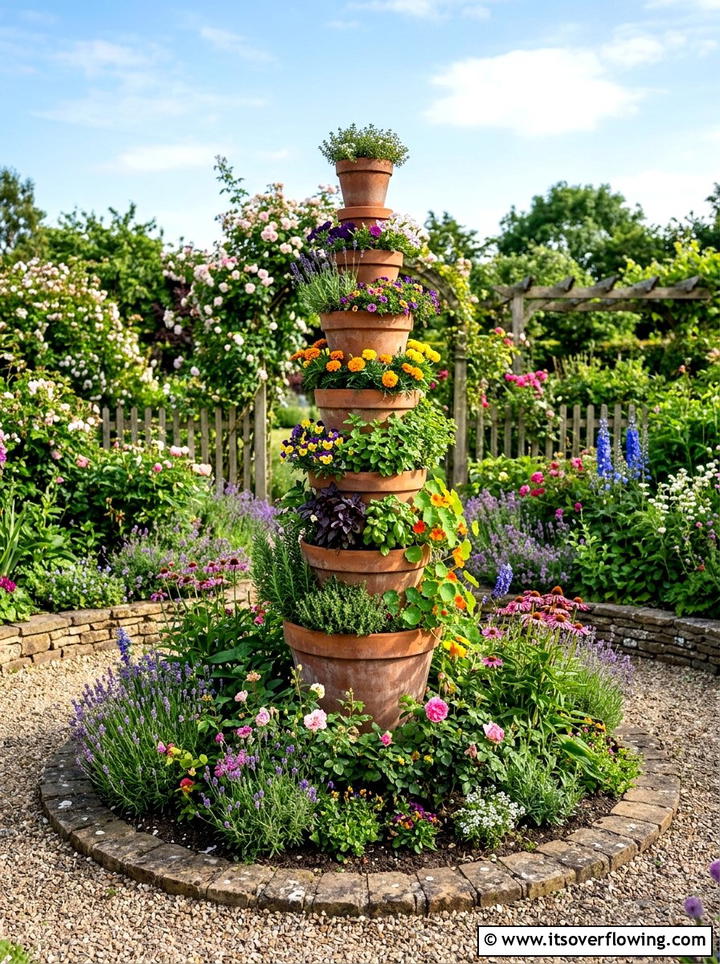 Terracotta Pot Tower - 25 backyard decorating ideas with herb stations